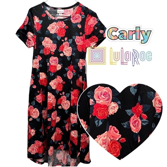 LulaRoe Carly Long/Midi Dress High Low Hem Stretchy Comfortable Bouquet Roses XS - Picture 1 of 12
